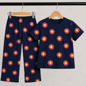 Kids Navy Blue Floral Print Cotton T-Shirt & Pants Co-Ord Set | Soft & Comfortable 2-Piece Outfit